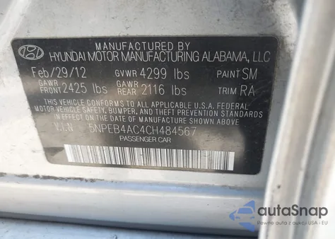 2012 Hyundai Sonata Gls z USA, uszkodzony, nr VIN 5NPEB4AC4CH484567